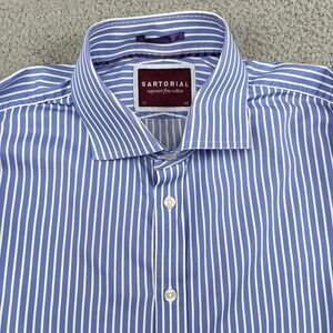 Sartorial Button Down Shirt Mens 17 Blue White Stripe Fine Cotton Long Sleeve